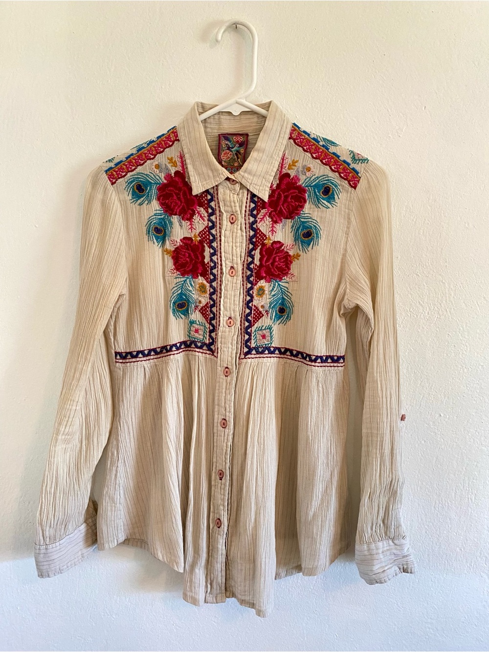 3J Workshop by Johnny Was Embroidered Peacock & Roses Cotton Button Down